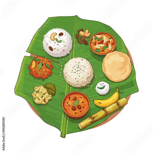 Vector Illustration of Pongal Banana Leaf Meal Platter – Glossy Finish on White Background

