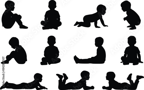 Silhouette collection of children sitting, crawling and lying down, various kid poses in black vector style for illustration, design and education