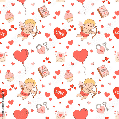 Seamless Valentines Day pattern with cute cupid, hearts, balloons, love letters, cupcakes and romantic symbols. Sweet hand drawn illustration for wrapping paper, textiles, cards and backgrounds