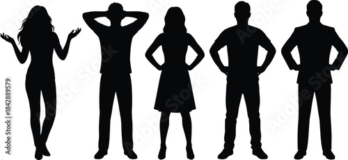 Silhouette collection of men and women standing in various expressive poses, black vector human figures for illustration, design, communication, presentation and character projects