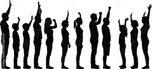 Silhouette collection of people raising arms in celebration, group of adults and children cheering together, black vector illustration for design, teamwork and community projects