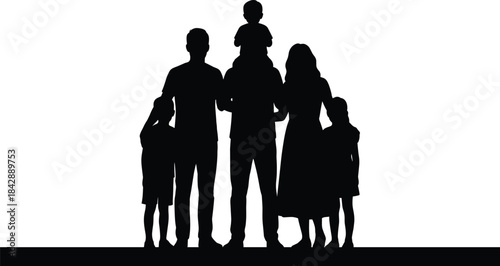 Silhouette family standing together with parents and children, united group pose including child on shoulders, black vector illustration for design, community and lifestyle projects