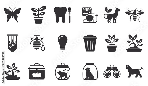 Eco environment gardening plants insects and nature icon set vector. Complete icon bundle for sustainable and regenerative farming featuring pollinators, beneficial insects