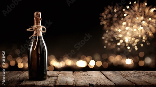 Celebrate in style with a sparkling toast! Elegant bottle on rustic wood, bokeh lights, and fireworks paint a picture-perfect night. Cheers to unforgettable moments!