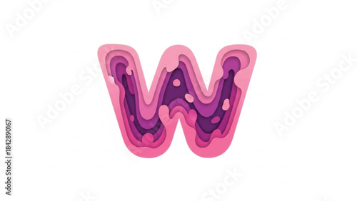 A modern 3D layered paper-cut illustration of the letter W. The design features a vibrant pink exterior with internal layers in varying shades of magenta, purple, and dark violet.