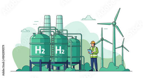 Hydrogen Energy Production Plant with Wind Turbines and Engineer Inspection Scene