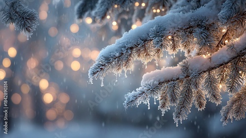 A snow covered tree branch with a few lights on it. The lights are on the branches and the snow is on the branches