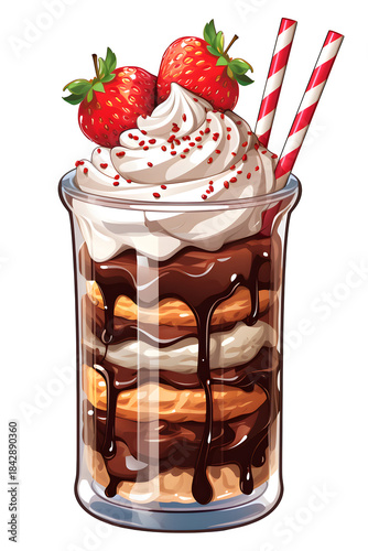 Glass mason jar of strawberry milkshake, whipped cream tower, fresh strawberries, chocolate drizzle, striped straw, Isolated to Transparent Background