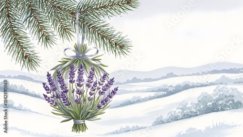 Lavender bouquet hanging from pine branch in snowy landscape  