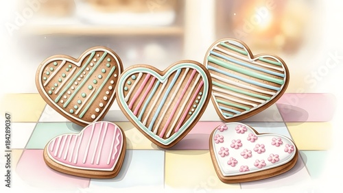 Decorative heart-shaped cookies on colorful table setting  