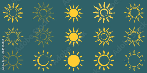 Hand-Drawn Sun Icons. Bright Sunlight Line Art Set. Summer Sun Symbol Collection. Radiant Sunburst Doodle Pack. Warm Sun and Ray Icons. Abstract Sunshine Vector Set for tan, sunshine, warm day