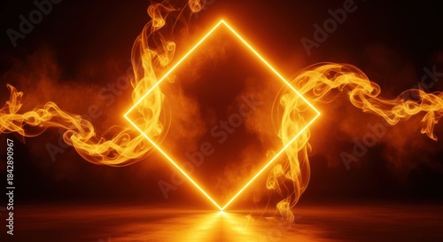 Neon glowing rhombus with fiery smoke and sparks on dark studio background creating an intense atmosphere