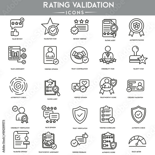 “Minimal rating validation icon set showing stars, check marks, and approval symbols in clean vector style.”
