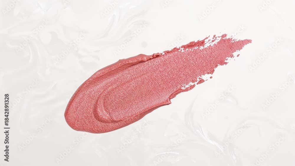 Fototapeta premium A smear of pink lipstick or makeup product on a white marble background.