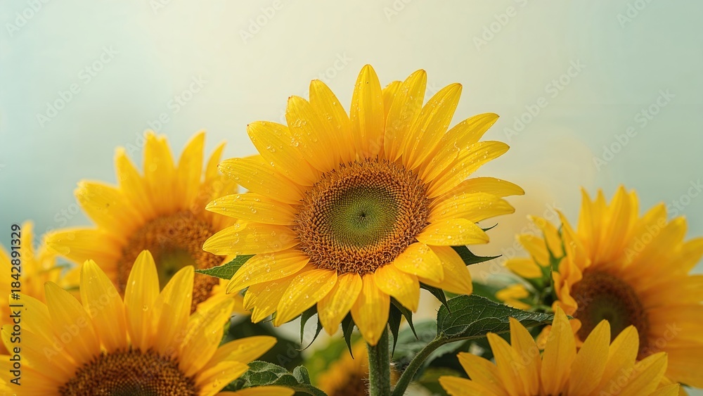 Obraz premium Sunflowers in bloom under soft light with vibrant yellow petals and green leaves. Nature and floral scene. Bright and cheerful summer flowers.