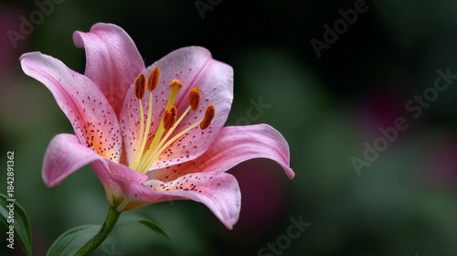 Pink lily blooms in a garden with soft green background during a sunny daytime