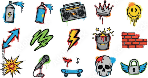 Graffitistyle icons featuring spray cans boombox crown smiley lightning bucket wall arrow mic explosion skateboard skull lock
