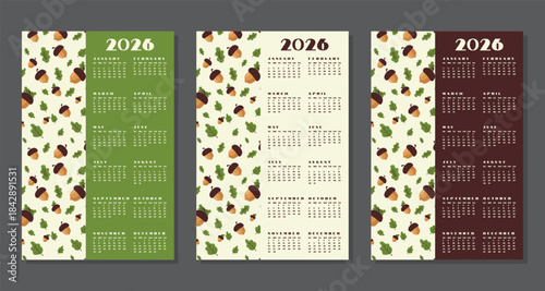 Set Vertical Calendar 2026 Template Autumn Acorn Theme Colors.