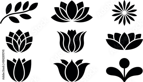 Collection of Black and White Flower Silhouettes on Transparent Background