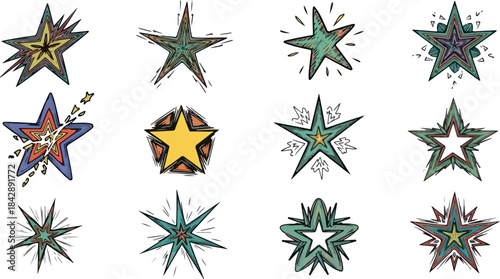 Twelve handdrawn multicolored star illustrations arranged in a 3x4 grid