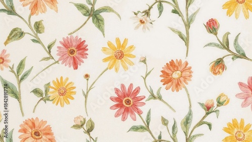Colorful floral pattern with pink, yellow, and orange flowers, green leaves, and budding flowers on a white background.