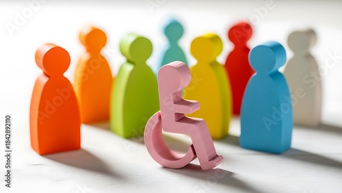 Disability inclusion concept with a pink wheelchair figure among a diverse group of colorful wooden people