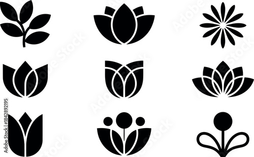 Collection of floral icons in black and white designs