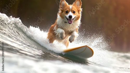 Fototapeta Naklejka Na Ścianę i Meble -  Happy dog surfing on sea with waves, golden hour front view, professional photo.