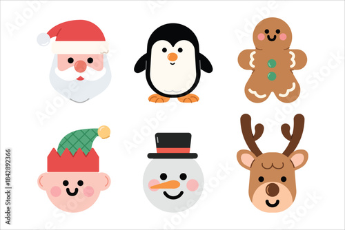 Christmas ornaments set includes santa, snowman, reindeer, penguin, gingerbread man, elf vector design.