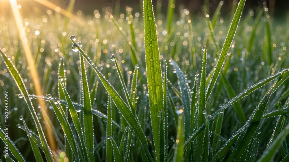 Obraz premium Lush green grass adorned with shimmering dew drops, illuminated by the golden embrace of the morning sun, evoking a sense of renewal and vibrant natural beauty