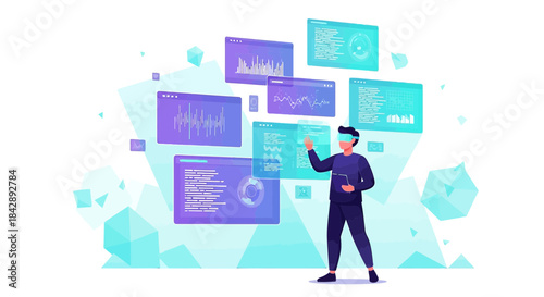 A man immersed in the virtual world using VR glasses interacting with floating screens and data