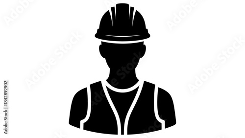 Black silhouette of a construction worker or engineer wearing a hard hat and safety vest, symbolizing safety and industry.