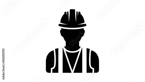 Black silhouette icon of a construction worker wearing a hard hat and safety vest, representing industry and labor.