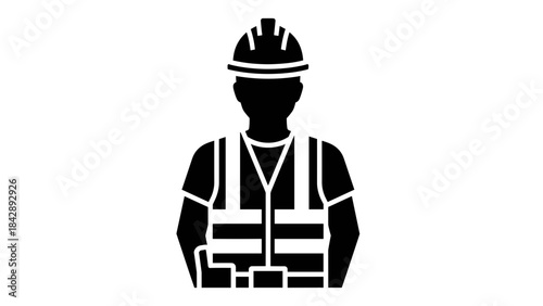 Black silhouette of a construction worker wearing a hard hat and safety vest.