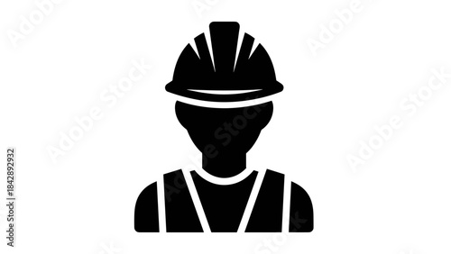 Black silhouette icon of a worker wearing a hard hat and safety vest, representing construction, industry, or safety.
