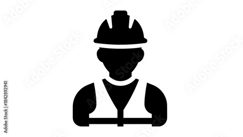 Silhouette icon of a construction worker wearing a hard hat and safety vest.