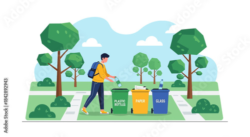 A sustainable lifestyle: man recycling waste in designated bins within a green park setting