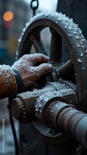 Powerful hands handling steel tools near crane wheel with ice crystals on dark metal
