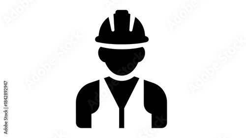 Silhouette icon of a construction worker wearing a hard hat and safety vest.