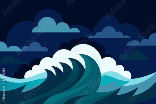 A cartoon vector illustration of a summer sea landscape with clouds, blue sky, and a gentle wave on the beach