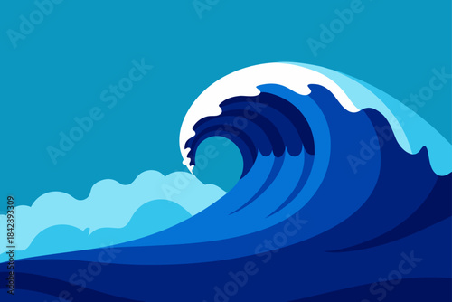 Blue ocean wave vector illustration with sky clouds and summer nature design background