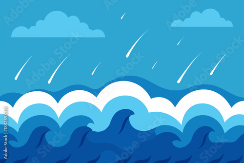 Vector illustration of a bright blue summer sea landscape with ocean waves, sky, and clouds
