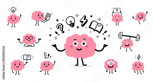 Vector collection of illustration of brain character in different pose. Flat doodle style design of set of cute happy smile pink brain with question and dumbbell. Strong and clever character