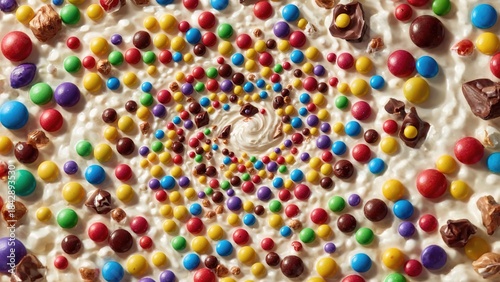 Colorful candy and chocolate sprinkles arranged in a swirl pattern on a surface, creating a vibrant and playful appearance.