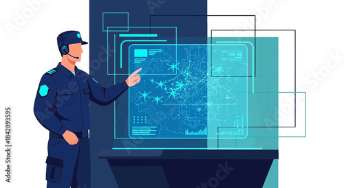 Advanced monitoring system operator interacting with virtual display with complex data analysis