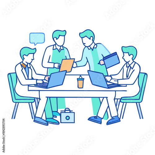 Team of medical workers sitting and meeting with laptops around table. Doctors and staff discussing papers and test results. Healthcare experts handling daily tasks and duties