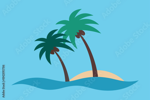 Tropical island beach with palm tree silhouette, sun, and ocean for summer vacation travel illustration