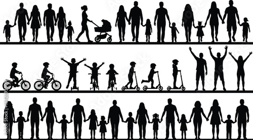 Silhouette families and children walking, biking, riding scooters together, multigenerational group activities illustration, outdoor lifestyle concept, playful community scene