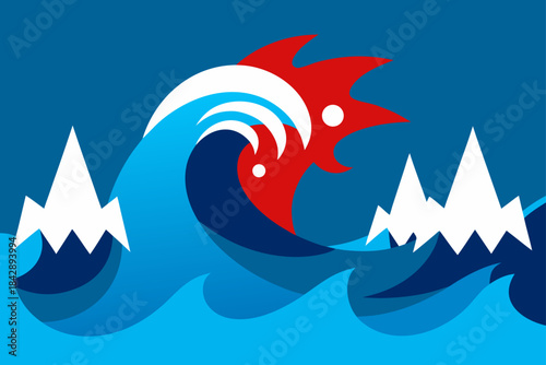 Vector illustration of a fish and bird nature silhouette on a blue ocean wave design pattern