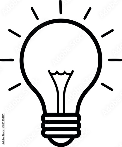 Black and White Line Drawing of Glowing Light Bulb with Filament and Radiating Rays
